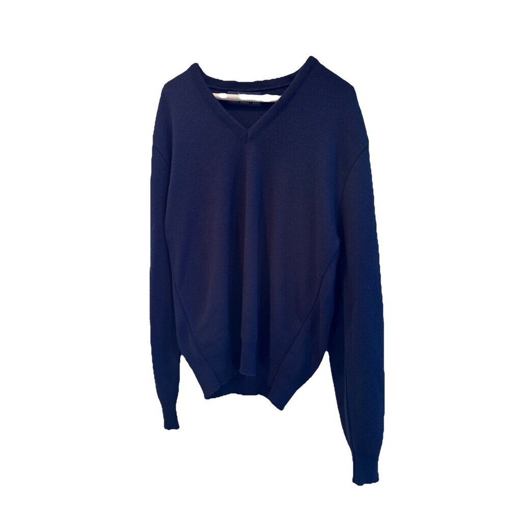 Vintage Robert Bruce V Neck Sweater Mens Large Blue Knit Ribbed Trim Made USA